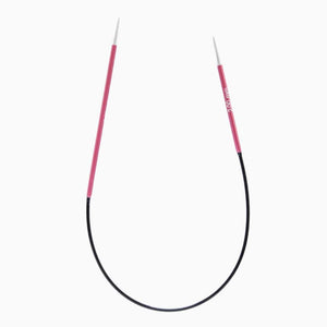 Pink and black circular knitting needles.