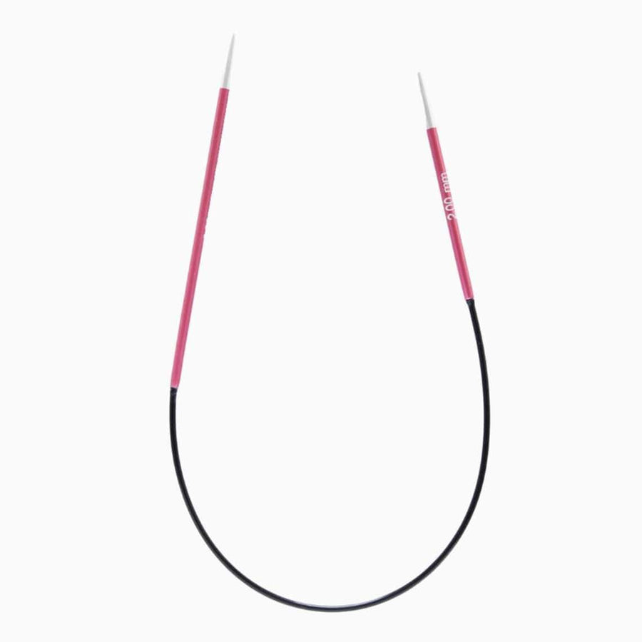 Pink and black circular knitting needles.
