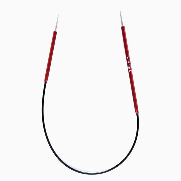Red and white circular knitting needles.