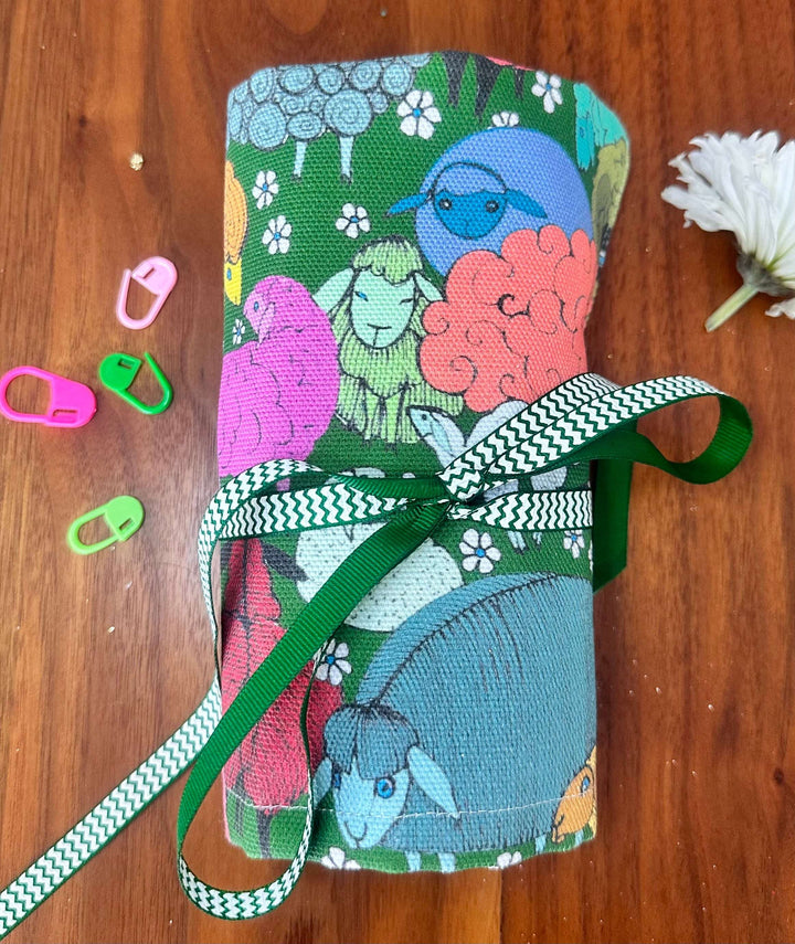 JOERIA KNITS Crochet Hook Storage Grazing Sheep with Green Ties Crochet Hook Storage Wraps joeriaknits