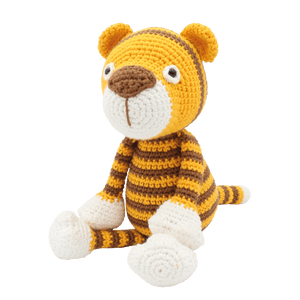 Crocheted tiger toy with brown and yellow stripes.