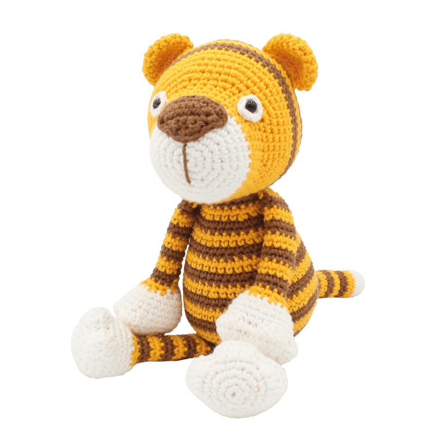 Crocheted tiger toy with brown and yellow stripes.
