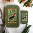 Load image into Gallery viewer, Notions Tin Firefly Notes - Bird Life vintage tin with bird design and green background for craft storage.
