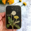 Load image into Gallery viewer, Notions Tin Firefly Notes featuring a vintage dandelion illustration and hand-poured resin in glossy finish.
