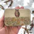 Load image into Gallery viewer, Notions Tin by Firefly Notes featuring a Vintage Owl design on a floral background for organizing stitching essentials.
