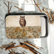 Load image into Gallery viewer, Notions Tin by Firefly Notes featuring a Vintage Owl design on the lid, perfect for organizing stitching essentials.
