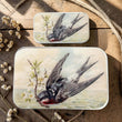 Load image into Gallery viewer, Notions Tin by Firefly Notes featuring vintage swallow and cherry blossom design on wooden background.
