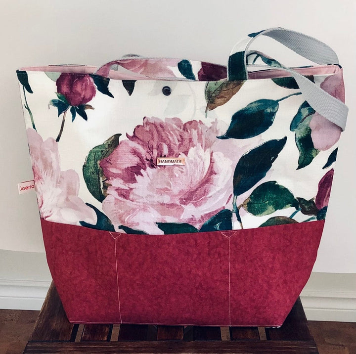 JOERIA KNITS Project Bags Tote Bag - Extra Large - Pink Peonies joeriaknits