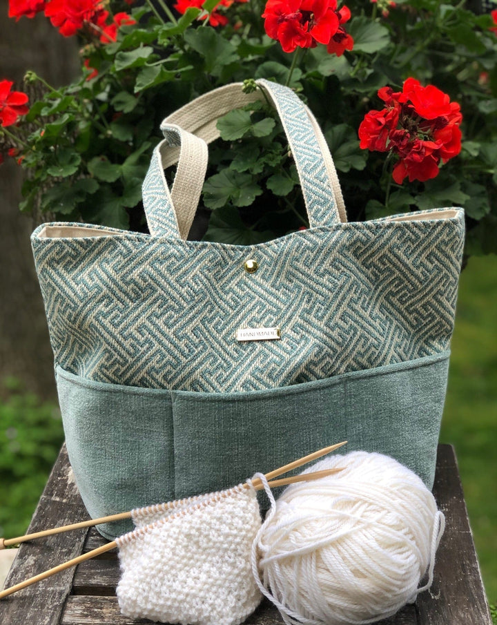JOERIA KNITS Project Bags Tote Bag - Large - Blue Green Maze joeriaknits